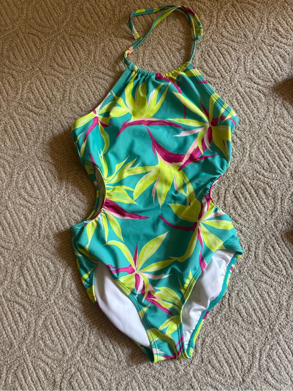 Old Navy Girls Teal Tropical One-Piece Swimsuit with Yellow and Pink Leaves